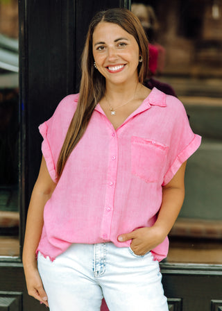 Happy Energy Button Down Top in Pink