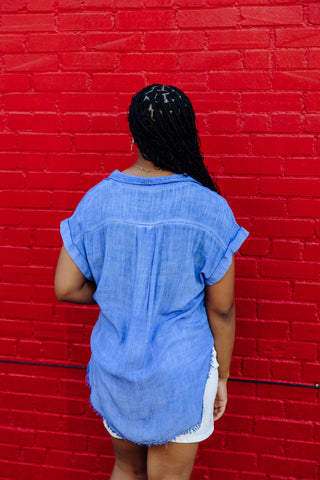 Happy Energy Button Down Top in Blue