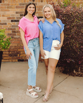 Happy Energy Button Down Top in Blue