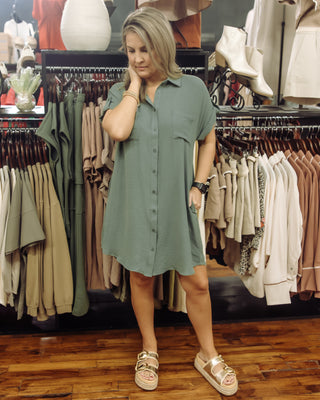 Falling Leaves Button Down Dress in Olive